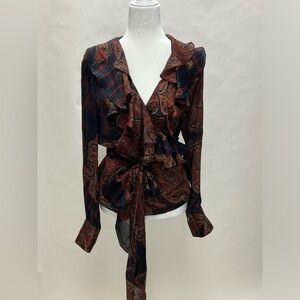 Lauren Ralph Lauren Old Money 100% Silk Wrap Multi Cokor Blouse Size large